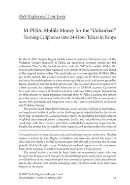 M-PESA: Mobile Money for the “Unbanked” Turning Cellphones Into 24-Hour Tellers in Kenya