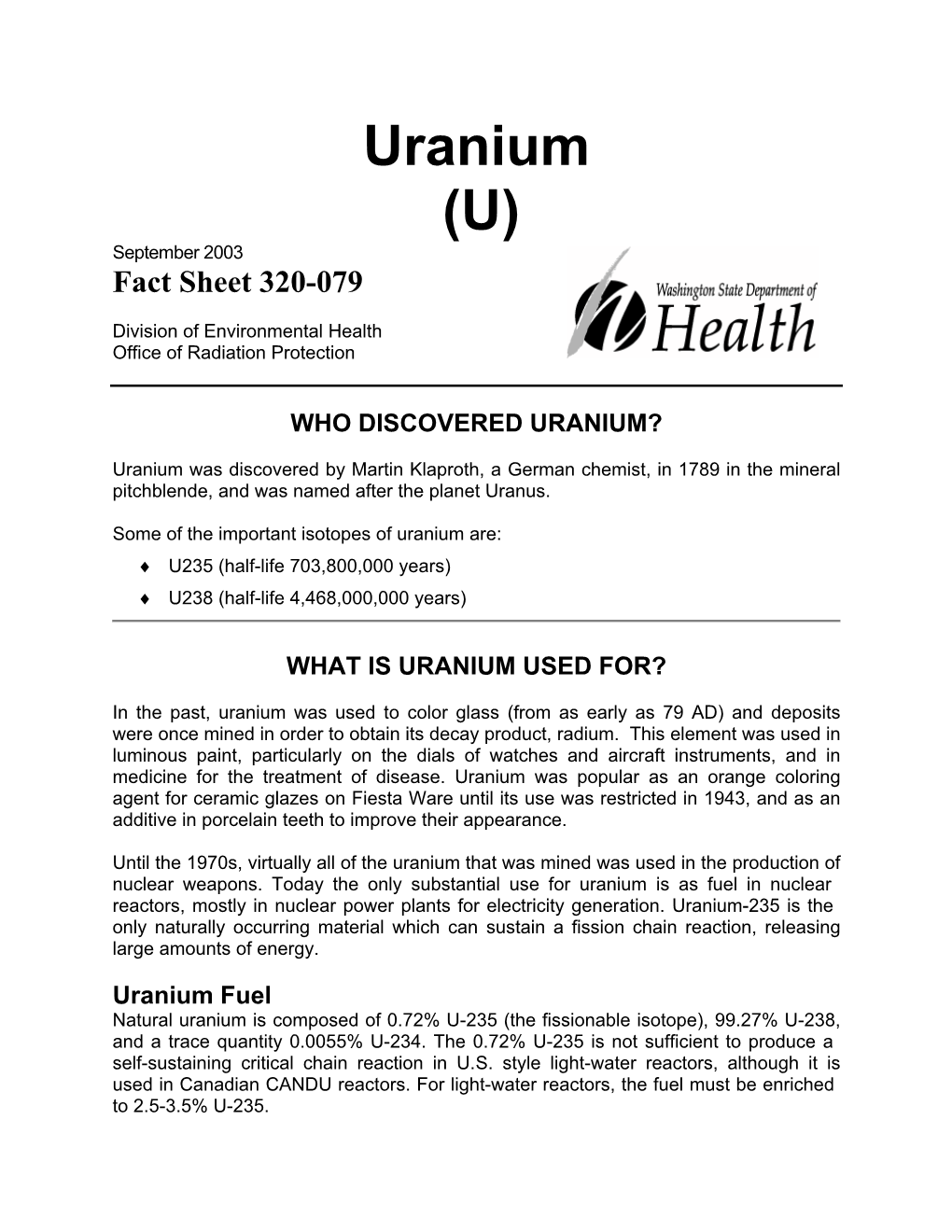 Uranium (U) Fact Sheet