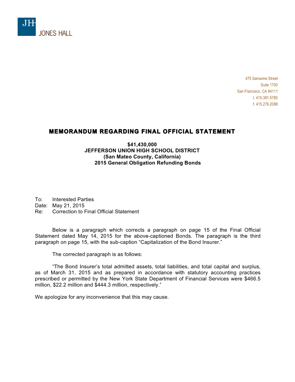 Memorandum Regarding Final Official Statement