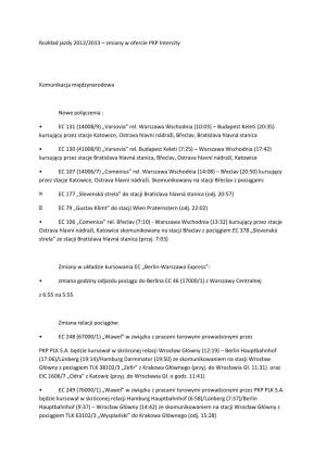 Rozkład Jazdy 2012/2013 – Zmiany W Ofercie PKP Intercity Komunikacja