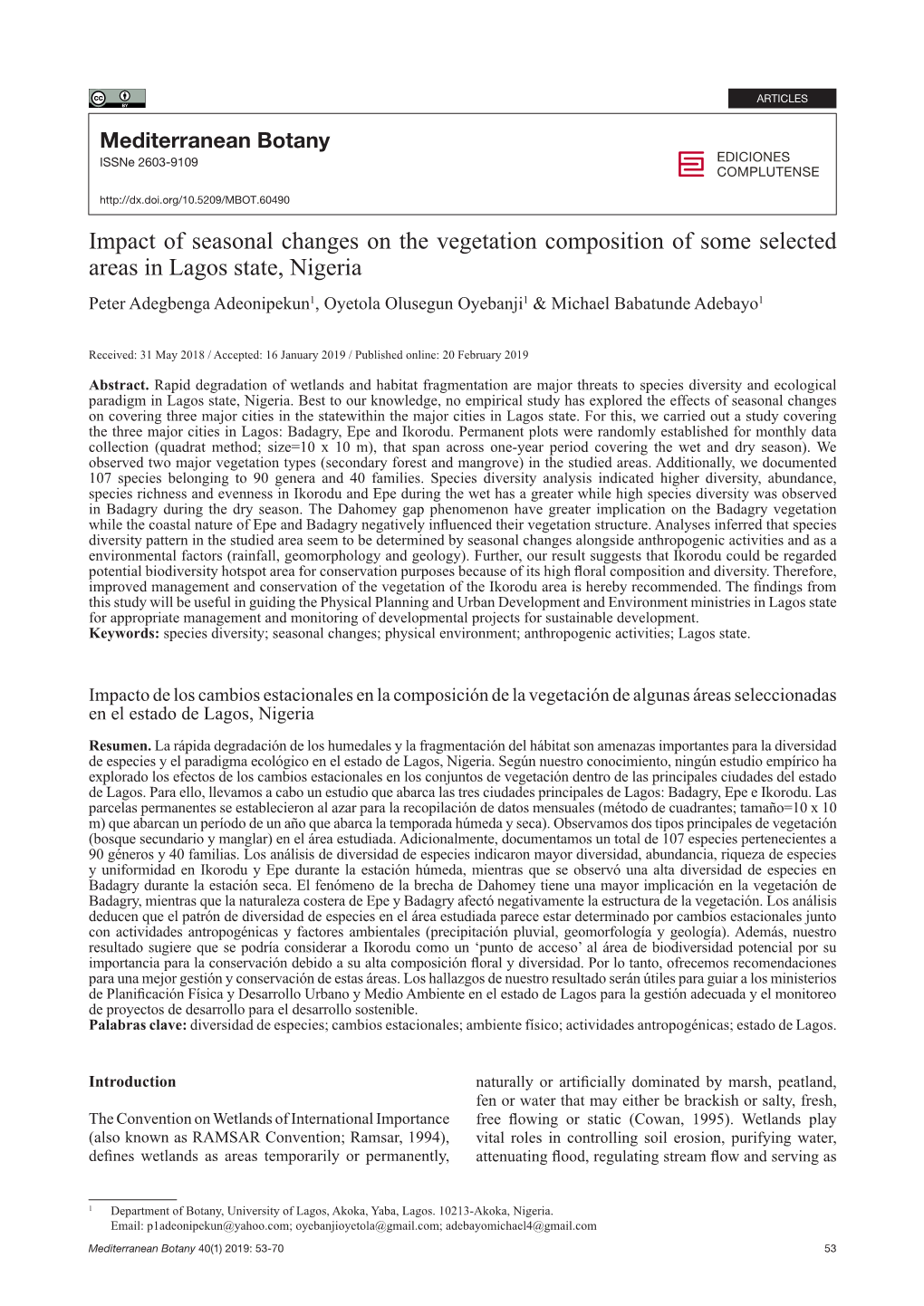 Impact of Seasonal Changes on the Vegetation Composition of Some