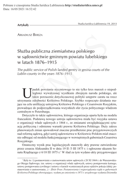 Służba Publiczna Ziemiaństwa Polskiego W Sądownictwie Gminnym Powiatu Lubelskiego W Latach 1876–1915