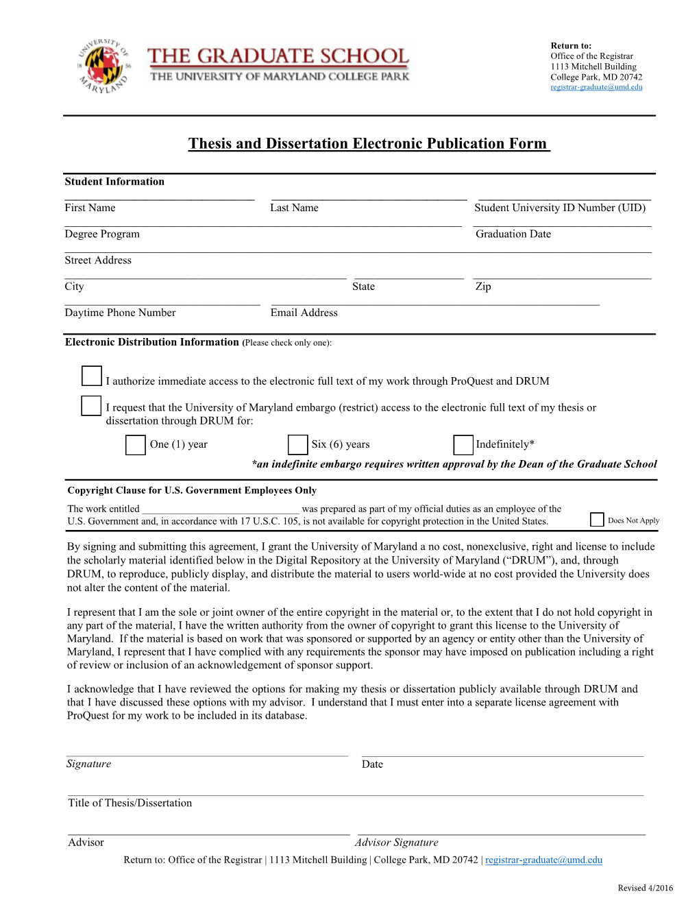 Thesis and Dissertation Electronic Publication Form