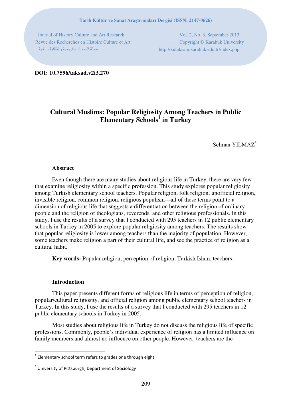 Cultural Muslims: Popular Religiosity Among Teachers in Public Elementary Schools 1 in Turkey