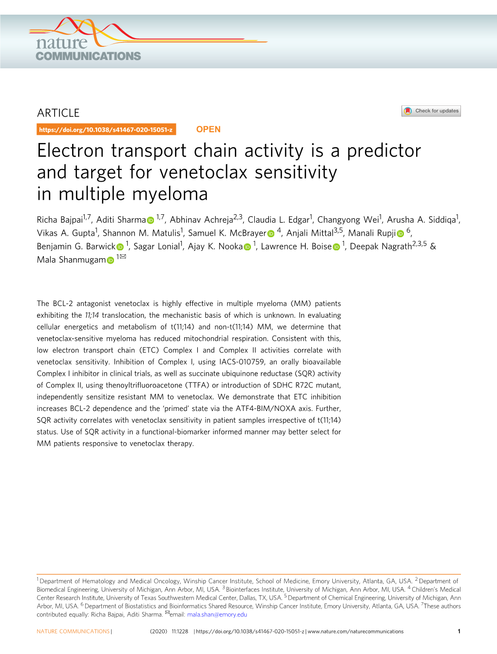 Electron Transport Chain Activity Is a Predictor and Target for Venetoclax Sensitivity in Multiple Myeloma