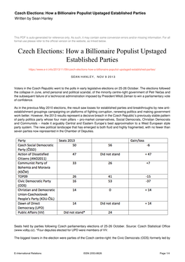 Czech Elections: How a Billionaire Populist Upstaged Established Parties Written by Sean Hanley