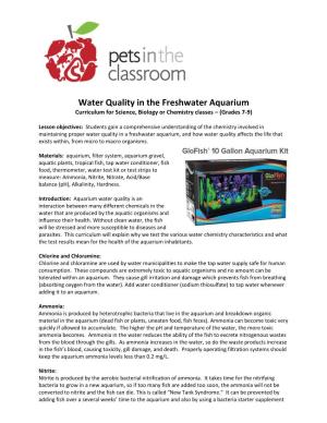 Water Quality in the Freshwater Aquarium Curriculum for Science, Biology Or Chemistry Classes – (Grades 7-9)