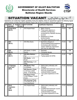 GOVERNMENT of GILGIT-BALTISTAN Directorate of Health Services Baltistan Region Skardu