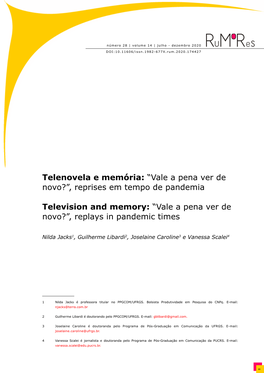 Telenovela E Memória: “Vale a Pena Ver De Novo?”, Reprises Em Tempo De Pandemia