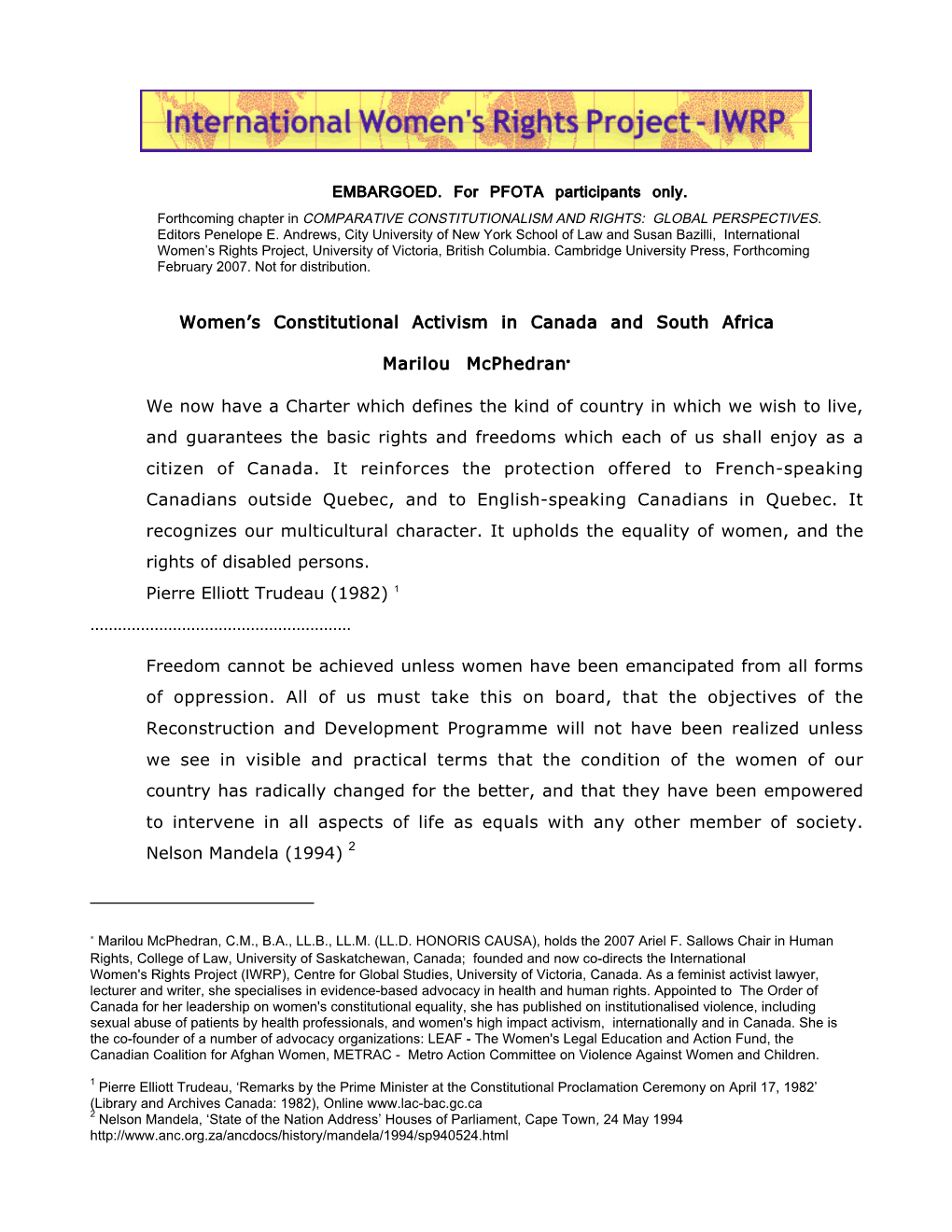 Women's Constitutional Activism in Canada and South Africa Marilou