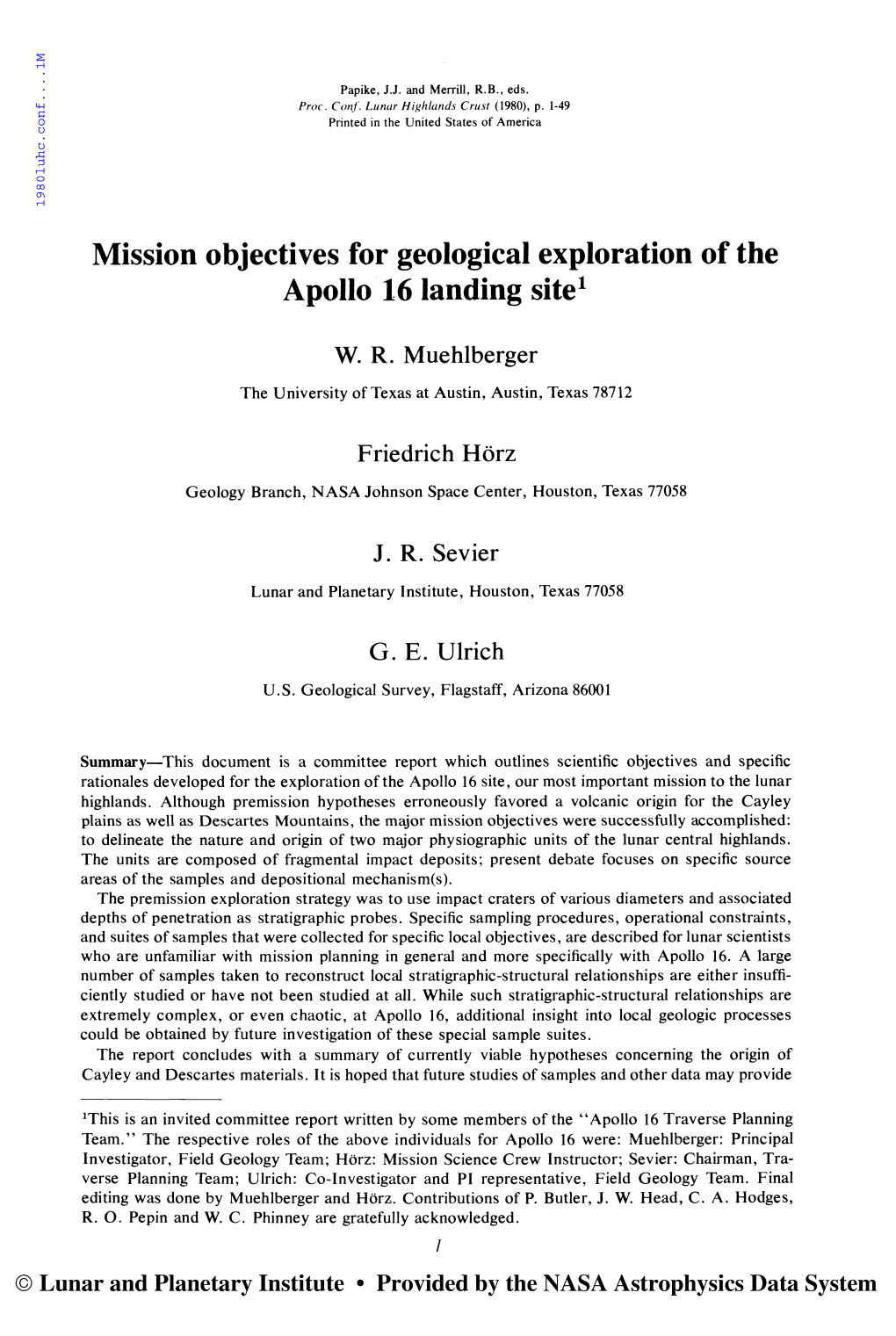 Mission Objectives for Geological Exploration of the Apollo 16 Landing