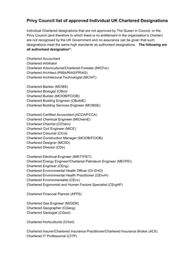 Privy Council List of Approved Individual UK Chartered Designations