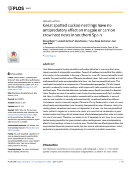 Great Spotted Cuckoo Nestlings Have No Antipredatory Effect on Magpie Or Carrion Crow Host Nests in Southern Spain