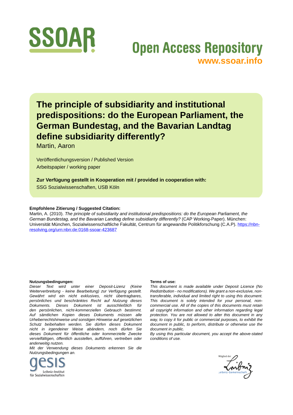 The Principle of Subsidiarity and Institutional Predispositions: Do the European Parliament, the German Bundestag, and the Bavarian Landtag Define Subsidiarity Differently?