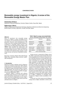 Renewable Energy Investment in Nigeria: a Review of the Renewable Energy Master Plan