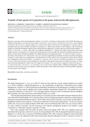 Transfer of Four Species of Cryptantha to the Genus Johnstonella (Boraginaceae)
