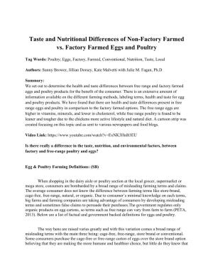 Taste and Nutritional Differences of Non-Factory Farmed Vs. Factory Farmed Eggs and Poultry