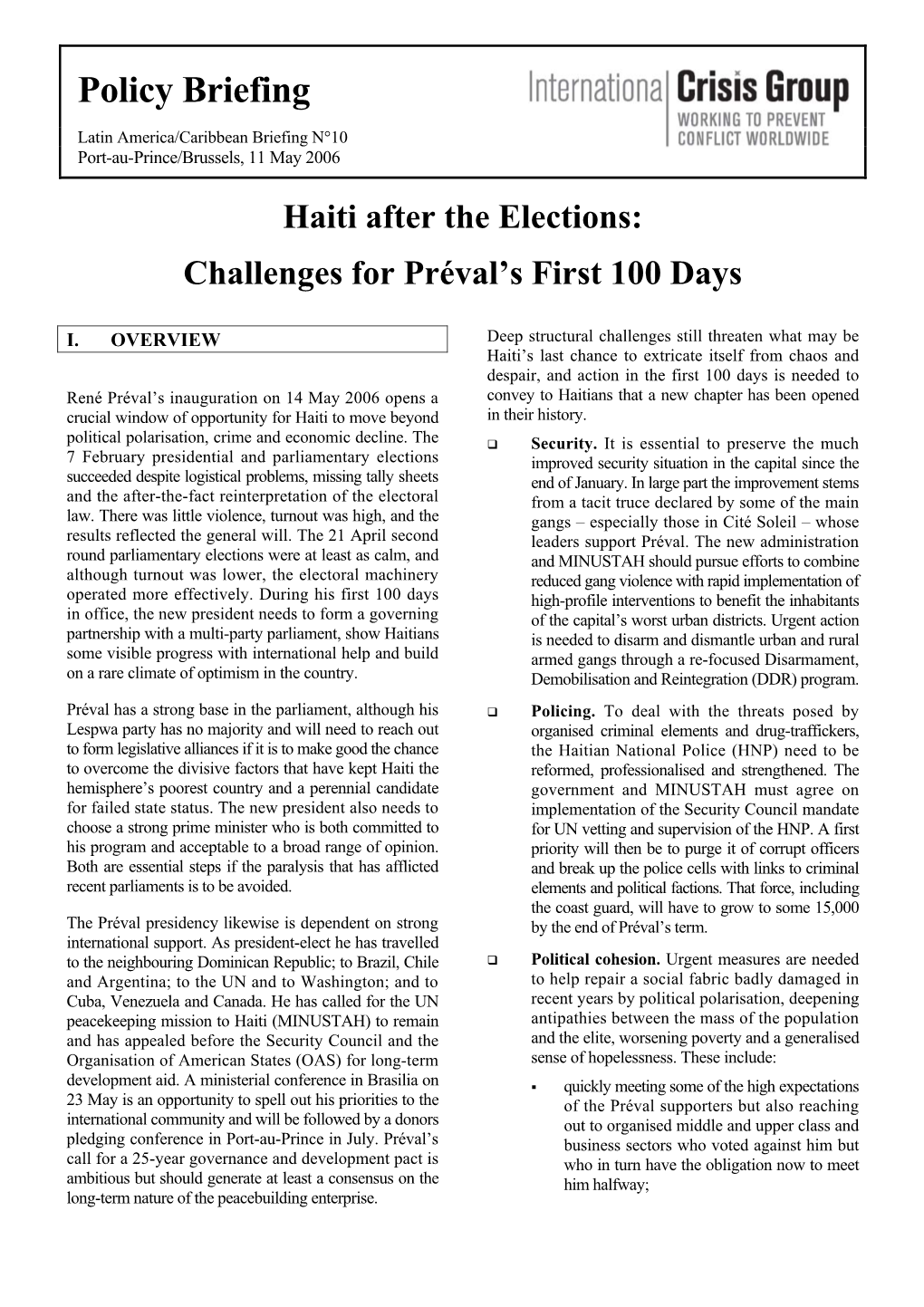 Haiti After the Elections: Challenges for Préval’S First 100 Days