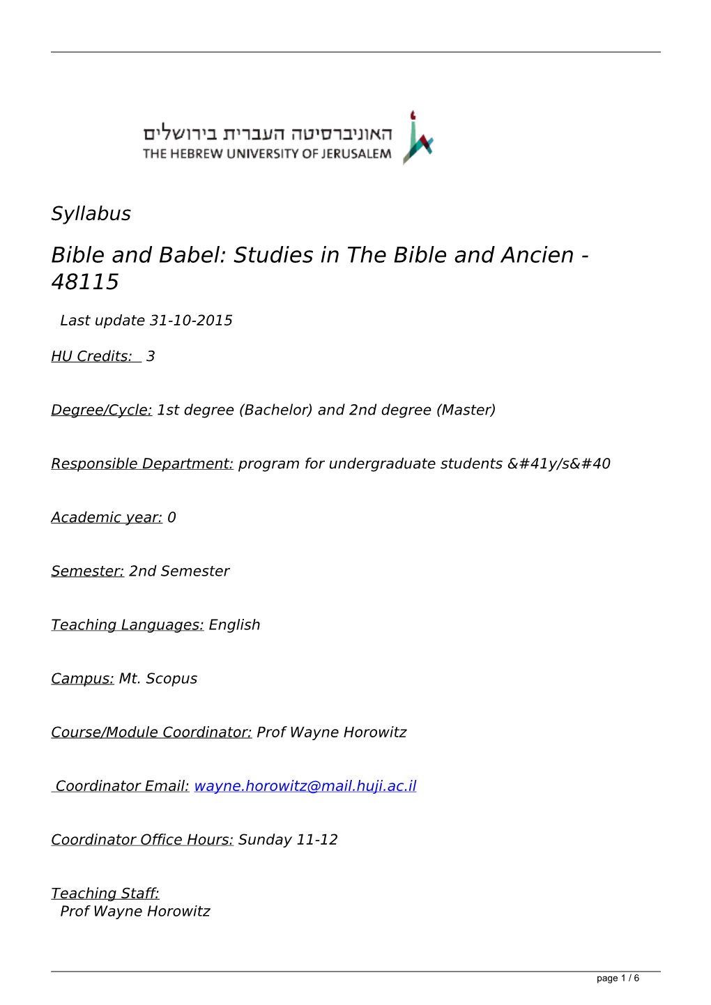 Syllabus Bible and Babel: Studies in the Bible and Ancien - 48115
