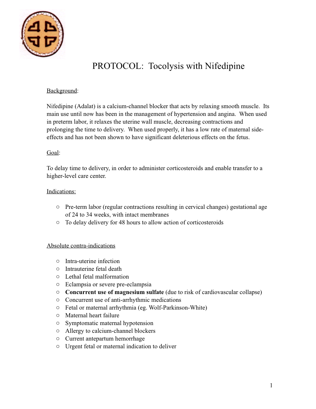 PROTOCOL: Tocolysis with Nifedipine