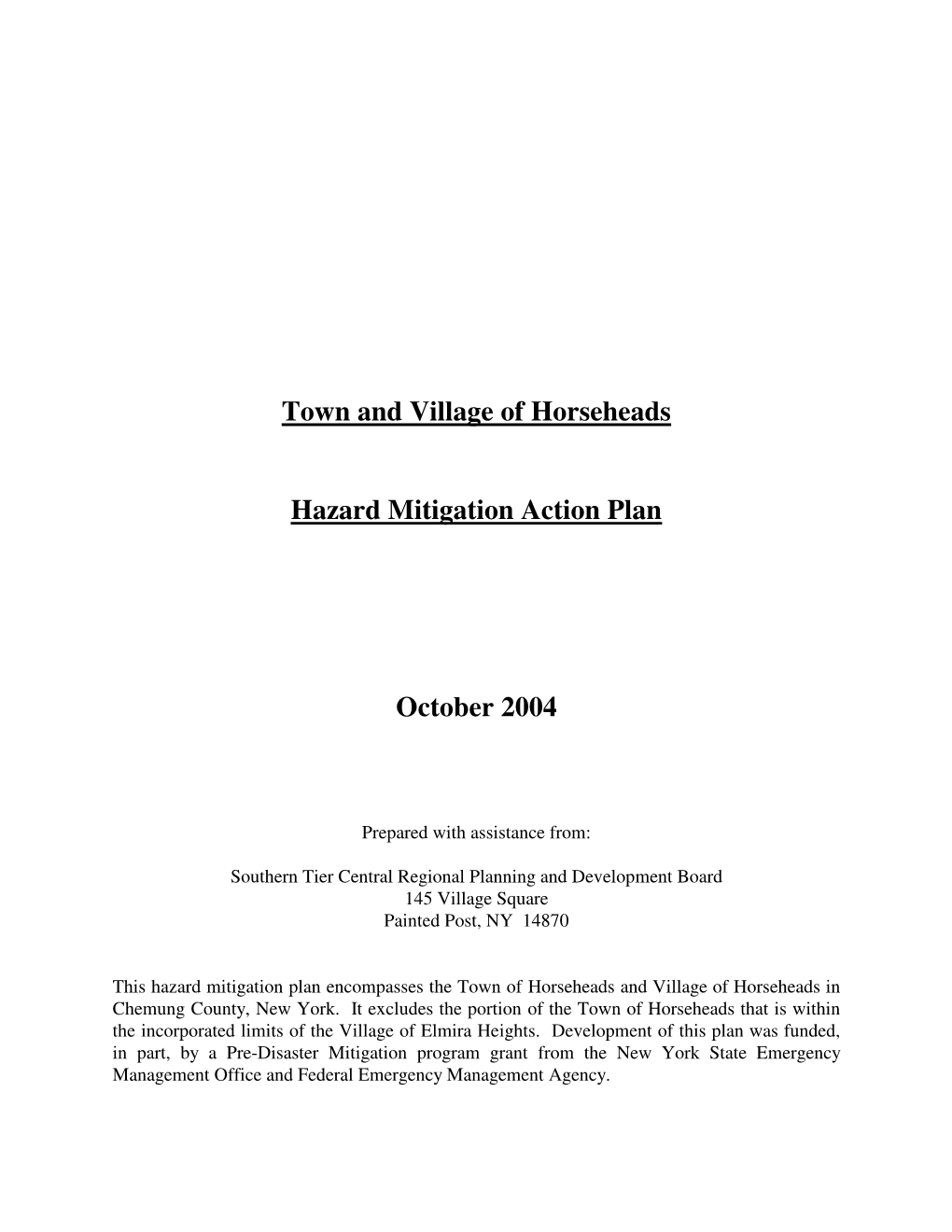 Town and Village of Horseheads Hazard Mitigation Action Plan, October 2004 Page I