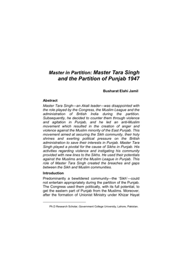 Master Tara Singh and the Partition of Punjab 1947