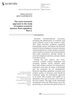 The Socio-Economic Approach to the Study of Modern Economic Systems