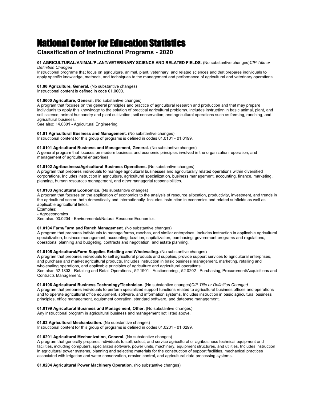 National Center for Education Statistics Classification of Instructional Programs - 2020