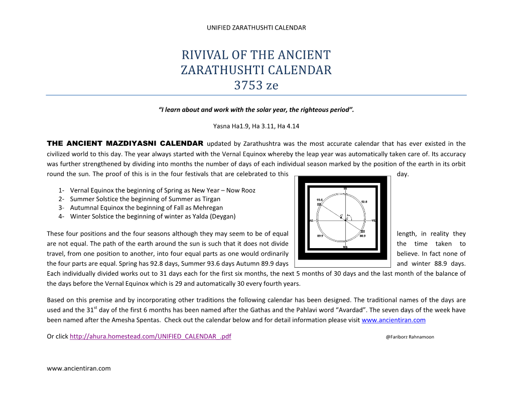 RIVIVAL of the ANCIENT ZARATHUSHTI CALENDAR 3753 Ze