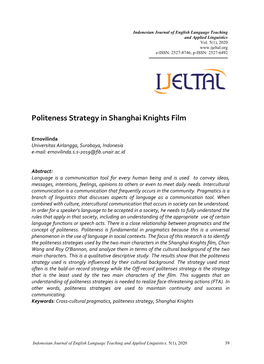 Politeness Strategy in Shanghai Knights Film Indonesian Journal of English Language Teaching and Applied Linguistics Vol
