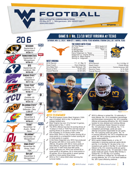 GAME 9 // No. 11/10 WEST VIRGINIA at TEXAS 2016 SATURDAY, NOV