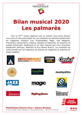 Palmarès Musicaux 2020