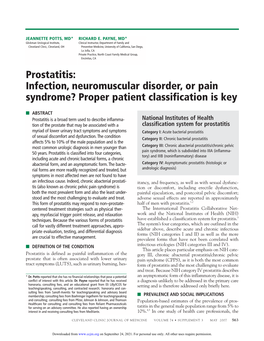 Prostatitis: Infection, Neuromuscular Disorder, Or Pain Syndrome? Proper Patient Classification Is Key