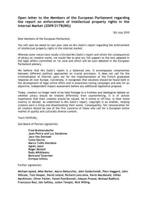Open Letter to the Members of the European Parliament Regarding the Report on Enforcement of Intellectual Property Rights in the Internal Market (2009/2178(INI))