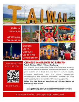 9-Day Taiwan Exploration Taipei – Nantou – Chiayi – Tainan – Kaohsiung June 15-23, 2020