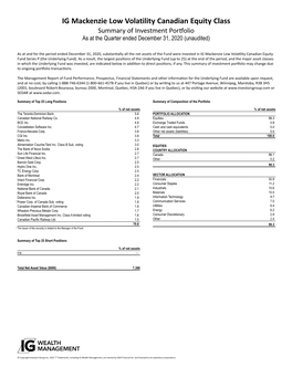 IG Mackenzie Low Volatility Canadian Equity Class Summary of Investment Portfolio As at the Quarter Ended December 31, 2020 (Unaudited)