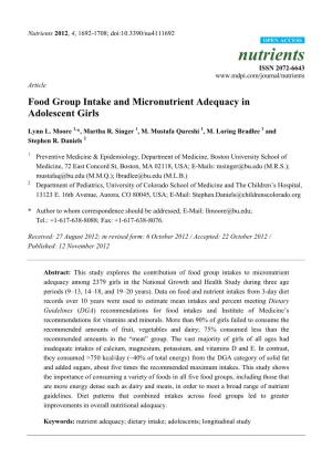 Food Group Intake and Micronutrient Adequacy in Adolescent Girls