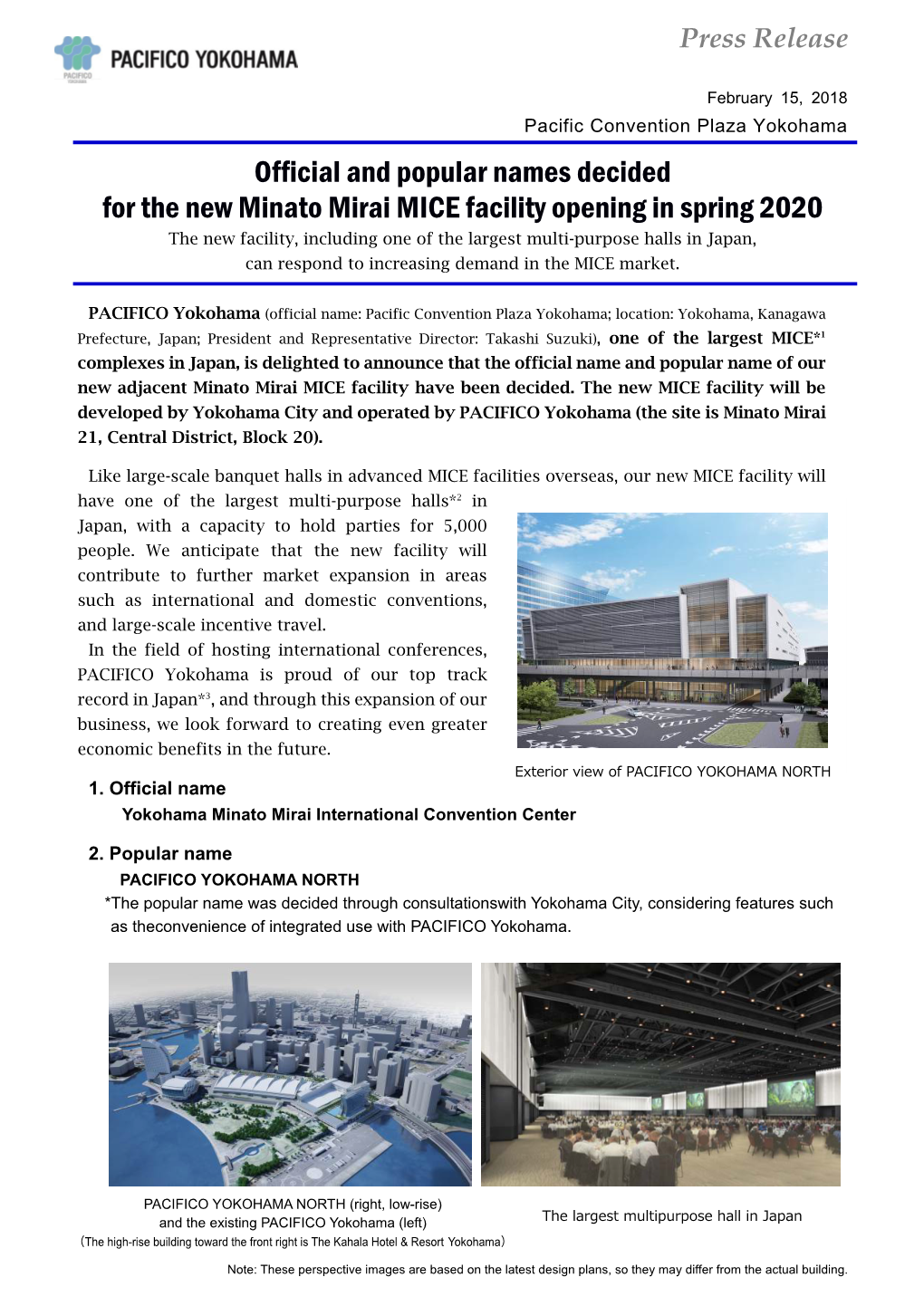 Official and Popular Names Decided for the New Minato Mirai MICE Facility Opening in Spring 2020