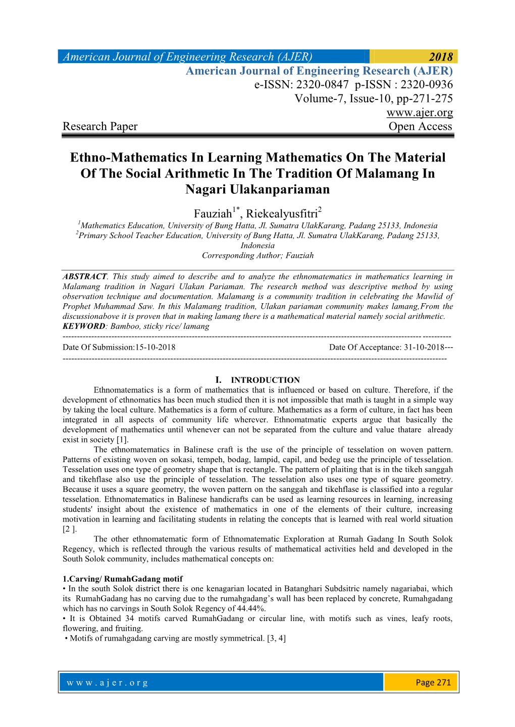 Ethno-Mathematics in Learning Mathematics on the Material of the Social Arithmetic in the Tradition of Malamang in Nagari Ulakanpariaman