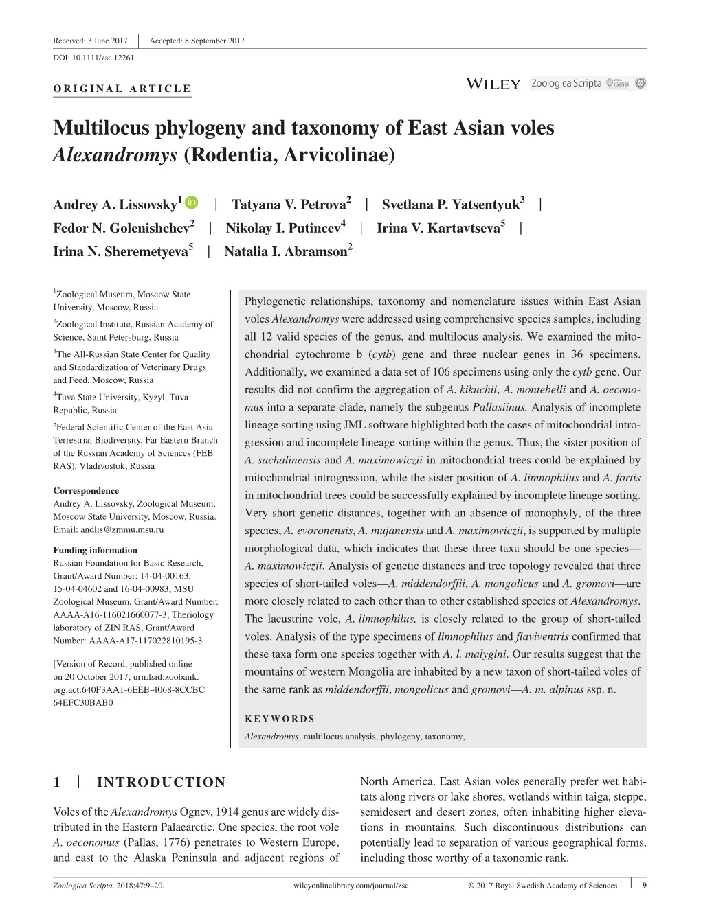 Multilocus Phylogeny and Taxonomy of East Asian Voles Alexandromys (Rodentia, Arvicolinae)