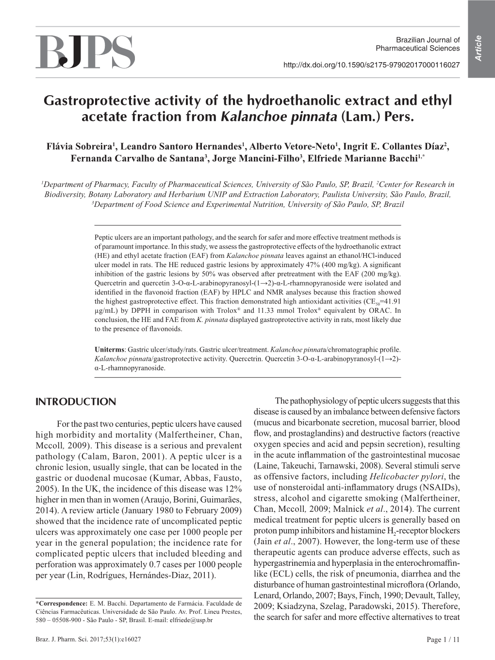 Gastroprotective Activity of the Hydroethanolic Extract and Ethyl Acetate Fraction from Kalanchoe Pinnata (Lam.) Pers