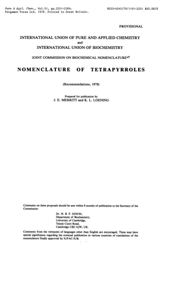 Nomenclature of Tetrapyrroles