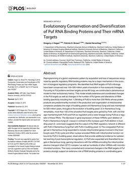 Evolutionary Conservation and Diversification of Puf RNA Binding Proteins and Their Mrna Targets