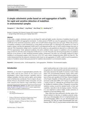 A Simple Colorimetric Probe Based on Anti-Aggregation of Aunps for Rapid and Sensitive Detection of Malathion in Environmental Samples