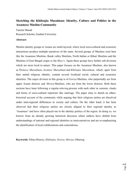 Identity, Culture and Politics in the Assamese Muslim Community Tanzim Masud Research Scholar, Gauhati University