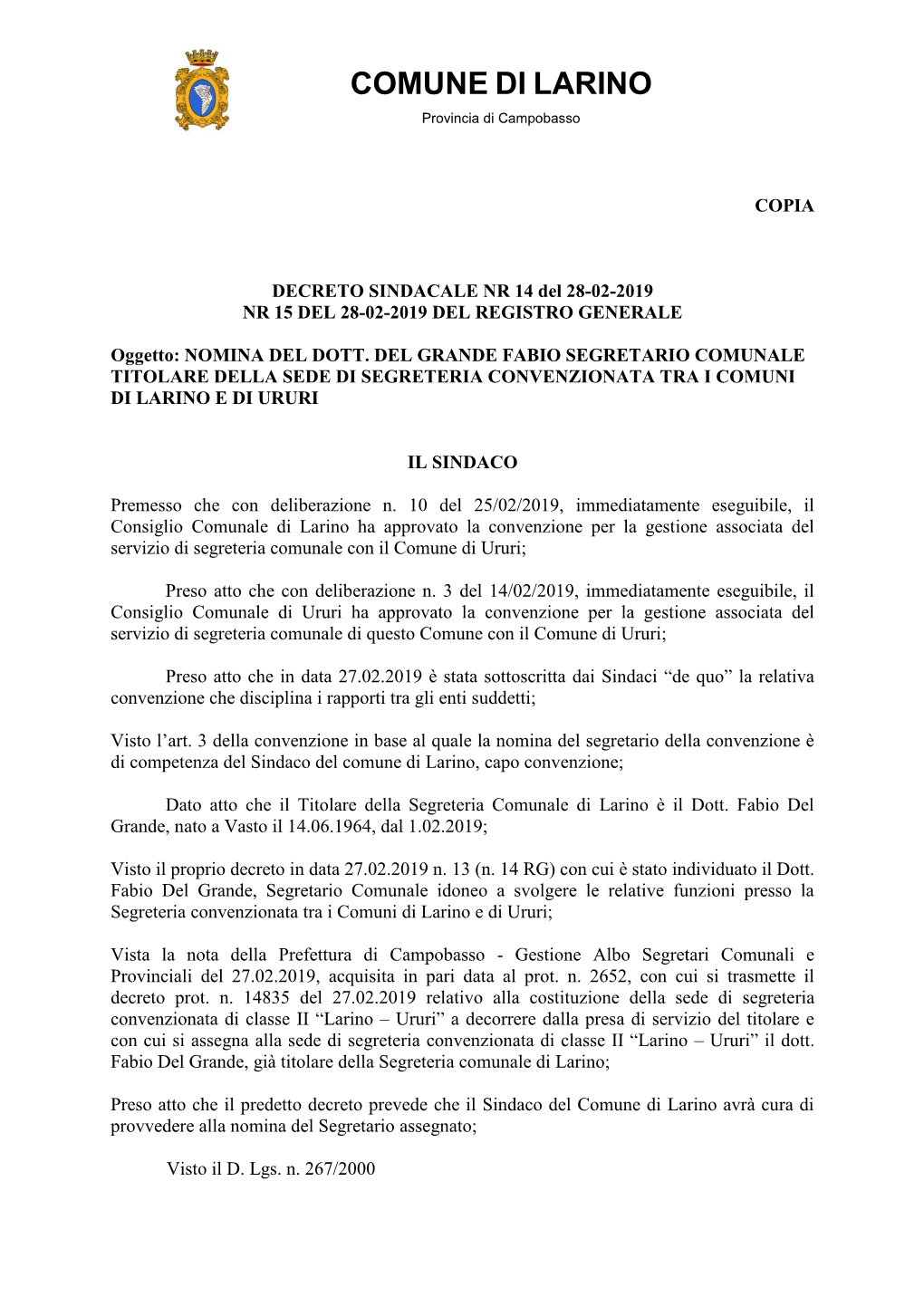 Decreto Nomina Dott. Del Grande Fabio