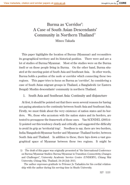 Burma As ‘Corridor’: a Case of South Asian Descendants’ Community in Northern Thailand1) Mineo Takada