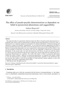 The Effect of Pseudo-Psychic Demonstrations As Dependent on Belief in Paranormal Phenomena and Suggestibility