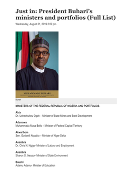Just In: President Buhari's Ministers and Portfolios (Full List)