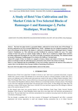 A Study of Betel Vine Cultivation and Its Market Crisis in Two Selected Blocks of Ramnagar-1 and Ramnagar-2, Purba Medinipur, West Bengal